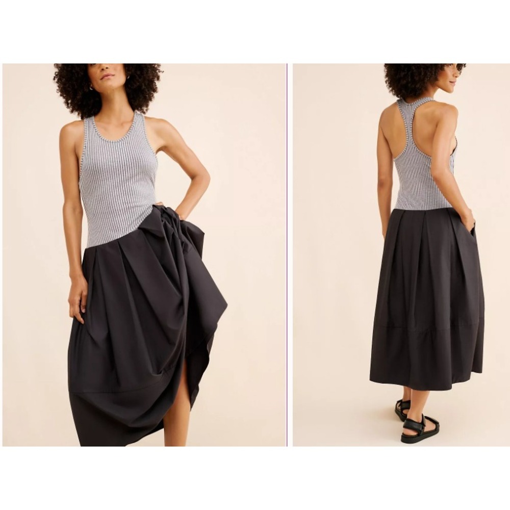 Free People Mixed Media Striped Ribbed Knit Cotton Poplin Midi‎ Dress Grey Large